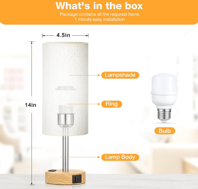 Bedside Table Lamp for Bedroom - 3 Way Dimmable Touch Lamp USB C Charging Ports and AC Outlet, Small Lamp Wood Base Round Flaxen Fabric Shade for Living Room, Desk, LED Bulb Included