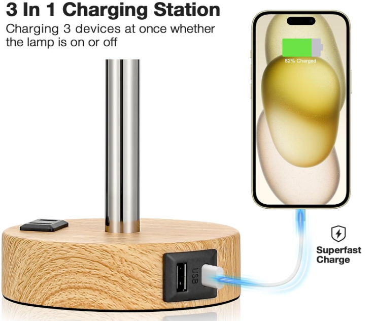 Bedside Table Lamp for Bedroom - 3 Way Dimmable Touch Lamp USB C Charging Ports and AC Outlet, Small Lamp Wood Base Round Flaxen Fabric Shade for Living Room, Desk, LED Bulb Included