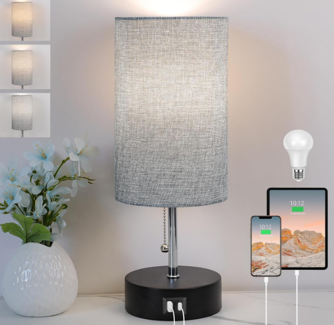 3-Color Temperature Bedside Lamp Nightstand Lamp with USB A Port and C Port, Table Lamp for Bedroom with LED Bulb Small Lamps for Living Room (Gray)