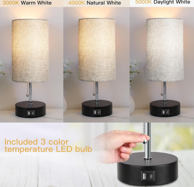 3-Color Temperature Bedside Lamp Nightstand Lamp with USB A Port and C Port, Table Lamp for Bedroom with LED Bulb Small Lamps for Living Room (Gray)