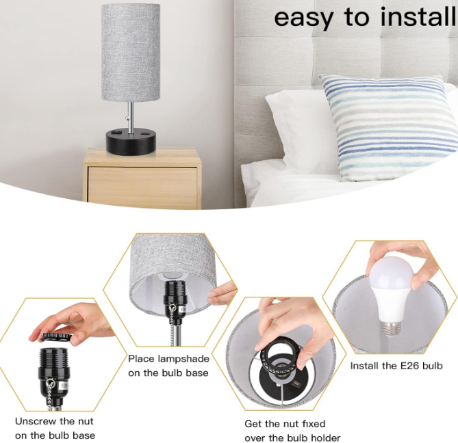 3-Color Temperature Bedside Lamp Nightstand Lamp with USB A Port and C Port, Table Lamp for Bedroom with LED Bulb Small Lamps for Living Room (Gray)