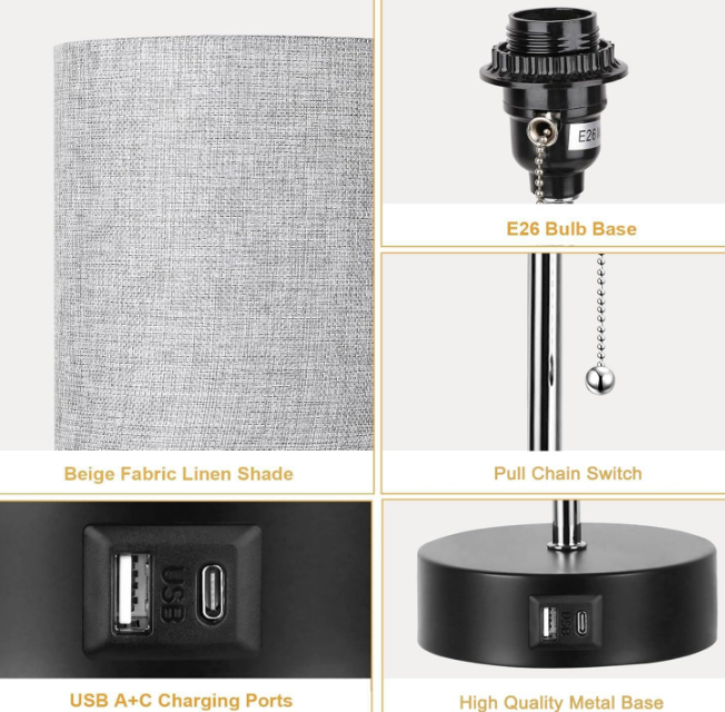 3-Color Temperature Bedside Lamp Nightstand Lamp with USB A Port and C Port, Table Lamp for Bedroom with LED Bulb Small Lamps for Living Room (Gray)