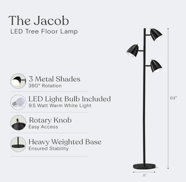 Jacob LED Standing Lamp, Modern Bright Floor Lamps for Living Rooms & Bedrooms, Tall LED Lighting Lamp with Adjustable 3 Light Tree – Classic Black