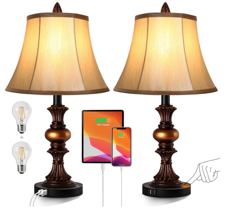 Touch Control Traditional Table Lamp Set of 2, Vintage Bedside Lamps with Dual USB Charging Ports, 3-Way Dimmable Bronze Finish Desk Lamps with Bell Shape Faux Silk Shade for Living Room, Bedroom