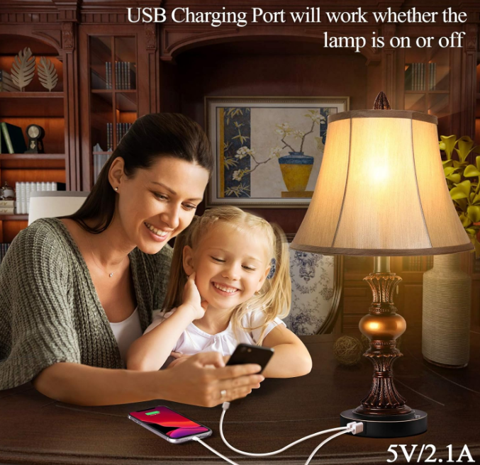 Touch Control Traditional Table Lamp Set of 2, Vintage Bedside Lamps with Dual USB Charging Ports, 3-Way Dimmable Bronze Finish Desk Lamps with Bell Shape Faux Silk Shade for Living Room, Bedroom