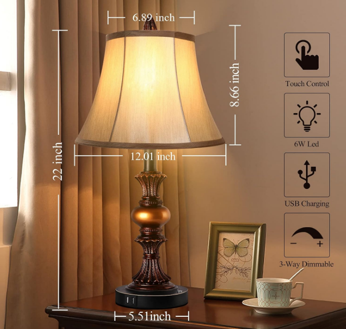 Touch Control Traditional Table Lamp Set of 2, Vintage Bedside Lamps with Dual USB Charging Ports, 3-Way Dimmable Bronze Finish Desk Lamps with Bell Shape Faux Silk Shade for Living Room, Bedroom