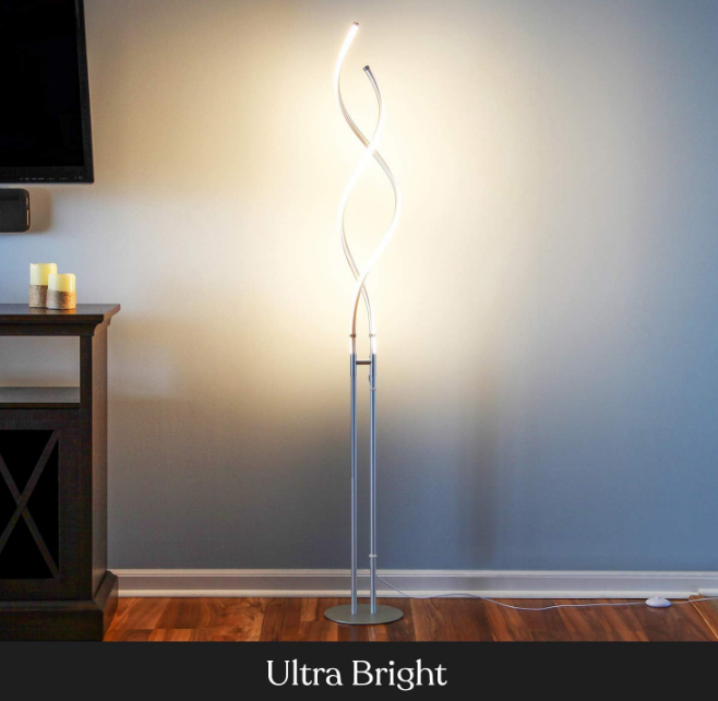 Embrace Dimmable LED Floor Lamp – Modern Spiral Adjustable Standing Lamp for Living Rooms & Offices – 2-in-1 Tall End Table Lamp for Bedroom Reading - Silver