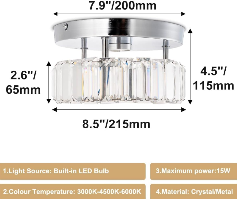 Mini Size Crystal Chandelier Dimmable Modern Crystal Chandeliers LED Flush Mount Ceiling Light Fixtures Crystal Pendant Lighting Crystal Lamp for Bedrooms Kitchen Hallway Foyer