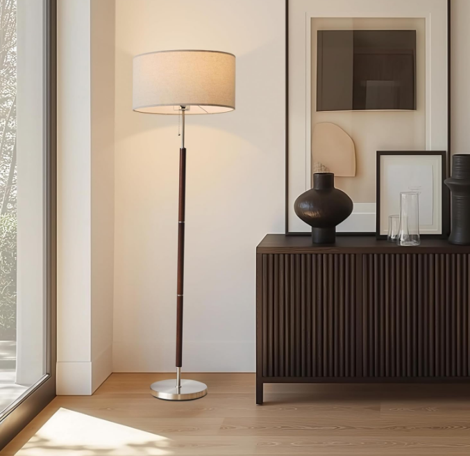 Floor Lamp, Drum Shade Tall Lamp with Walnut Wood Finish, Great Living Room Décor, Mid-Century Lamp for Living Rooms & Offices, Mid Century Modern Lamp for Bedroom