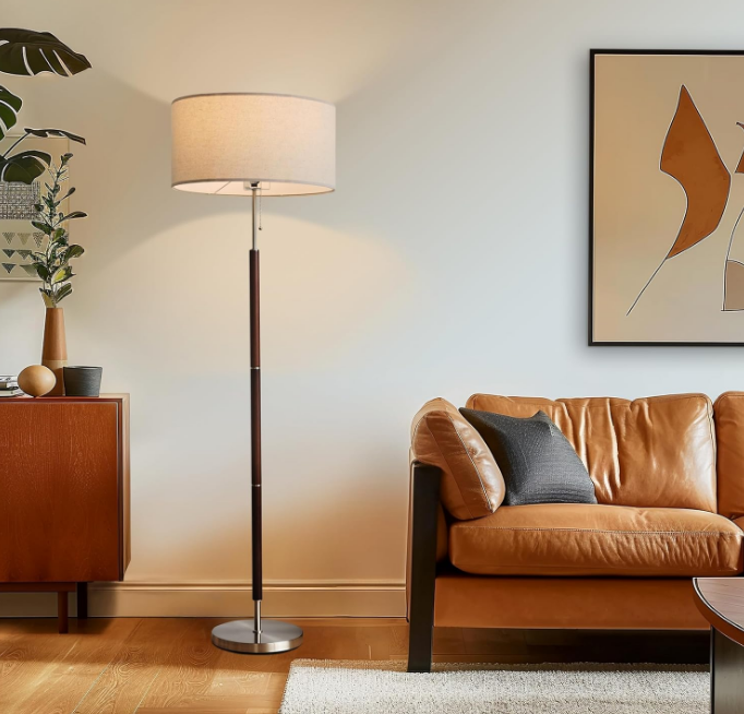 Floor Lamp, Drum Shade Tall Lamp with Walnut Wood Finish, Great Living Room Décor, Mid-Century Lamp for Living Rooms & Offices, Mid Century Modern Lamp for Bedroom
