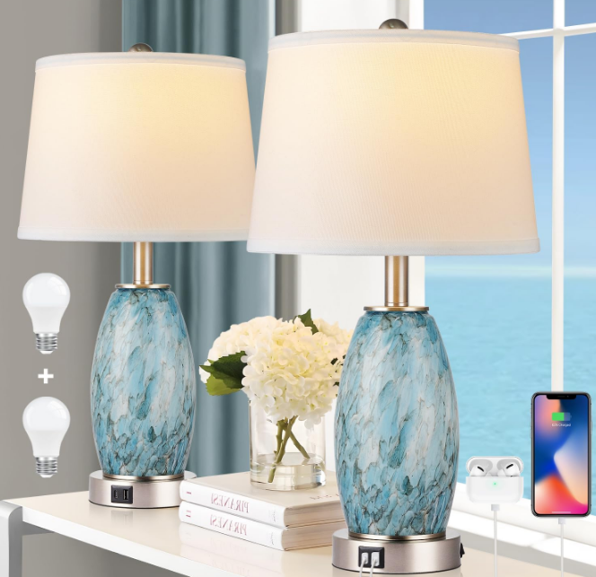 Table Lamps Set of 2, 3-Way Lighting Modes Modern Table Lamps for Bedroom, Coastal Bedside Lamps with USB Port & Type C, Glass Nightstand Lamps, 24" Table Lamps for Living Room Bedroom Decoration