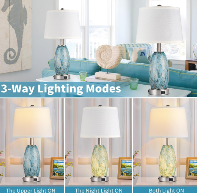 Table Lamps Set of 2, 3-Way Lighting Modes Modern Table Lamps for Bedroom, Coastal Bedside Lamps with USB Port & Type C, Glass Nightstand Lamps, 24" Table Lamps for Living Room Bedroom Decoration