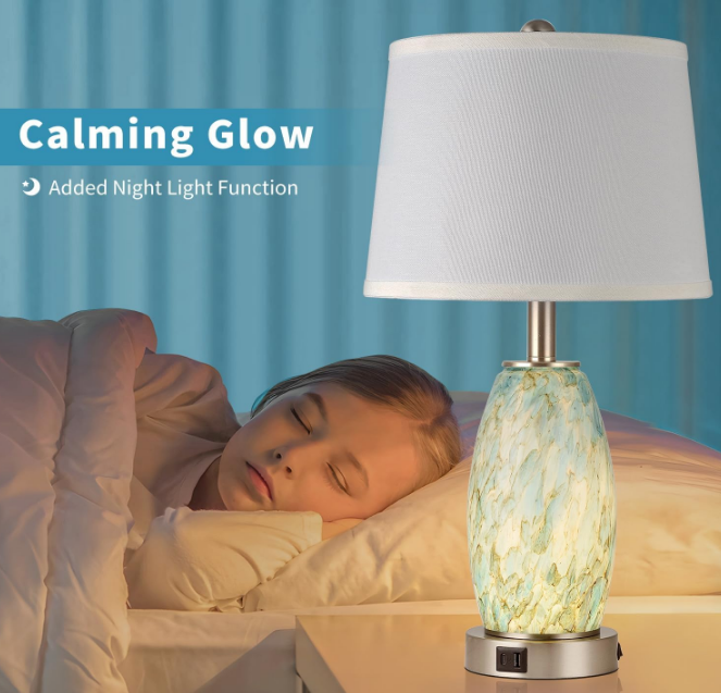 Table Lamps Set of 2, 3-Way Lighting Modes Modern Table Lamps for Bedroom, Coastal Bedside Lamps with USB Port & Type C, Glass Nightstand Lamps, 24" Table Lamps for Living Room Bedroom Decoration