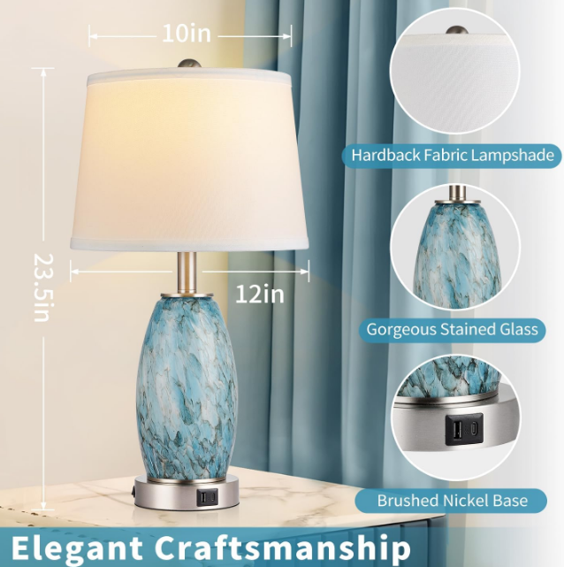 Table Lamps Set of 2, 3-Way Lighting Modes Modern Table Lamps for Bedroom, Coastal Bedside Lamps with USB Port & Type C, Glass Nightstand Lamps, 24" Table Lamps for Living Room Bedroom Decoration