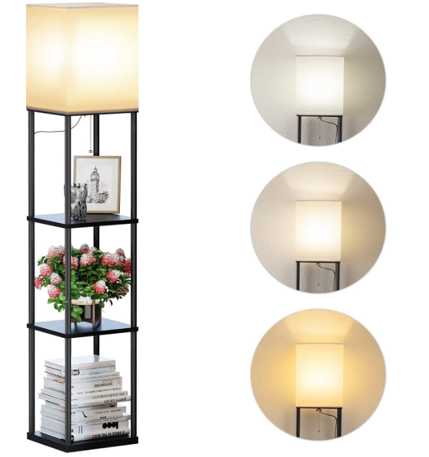 Floor Lamp with Shelves, Modern Square Standing Lamp with 3 Color Temperature Bulb, Corner Display Bookshelf Lamp for Living Room and Bedroom(Black)