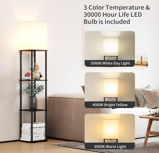 Floor Lamp with Shelves, Modern Square Standing Lamp with 3 Color Temperature Bulb, Corner Display Bookshelf Lamp for Living Room and Bedroom(Black)