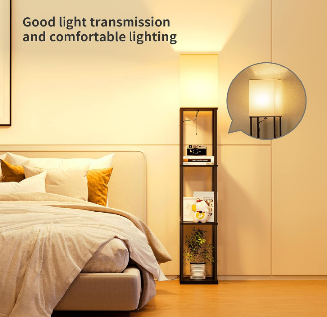 Floor Lamp with Shelves, Modern Square Standing Lamp with 3 Color Temperature Bulb, Corner Display Bookshelf Lamp for Living Room and Bedroom(Black)