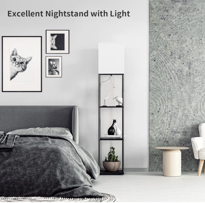 Floor Lamp with Shelves, Modern Square Standing Lamp with 3 Color Temperature Bulb, Corner Display Bookshelf Lamp for Living Room and Bedroom(Black)