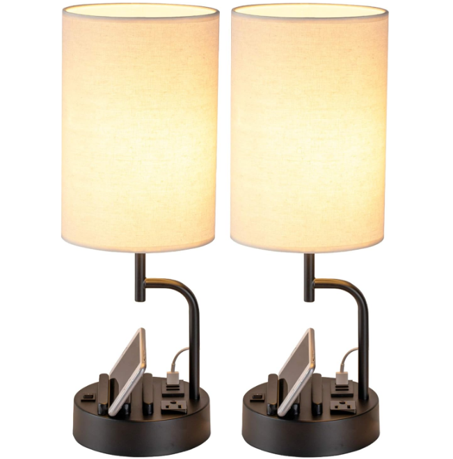 Table Lamp with 3 USB Charging Ports, Modern Desk Lamp with AC Outlet and Phone Stands, Perfect Bedside Lamp for Bedroom, Living Room, Office (Pack of 2), Cream
