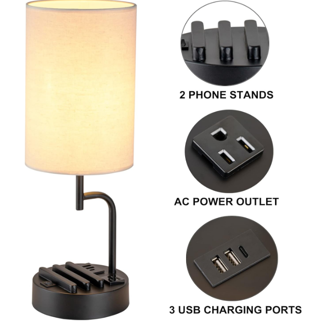 Table Lamp with 3 USB Charging Ports, Modern Desk Lamp with AC Outlet and Phone Stands, Perfect Bedside Lamp for Bedroom, Living Room, Office (Pack of 2), Cream