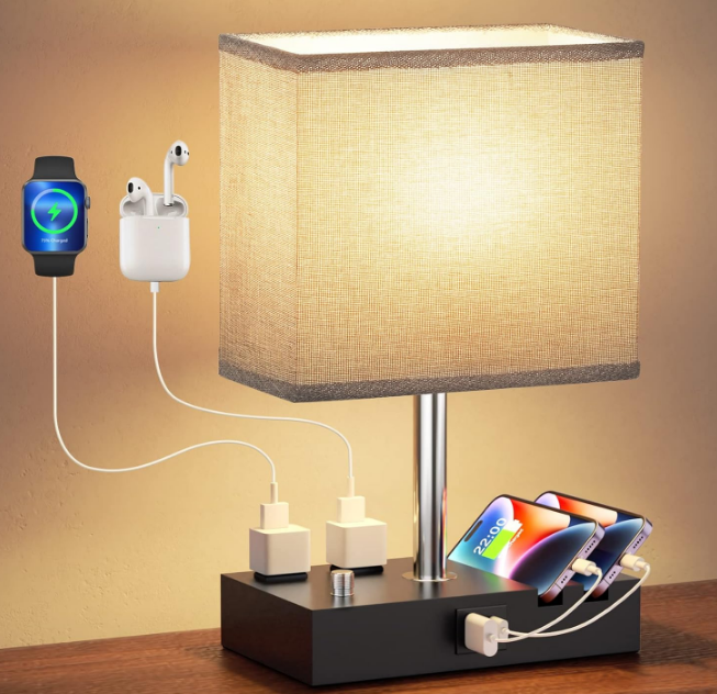 Fully Dimmable Nightstand Lamp for Bedroom with USB C Ports, Grey Small Bedside Table Lamp with Charging Outlets and Phone Stands, Wooden Desk Lamp for Living Room, LED Bulb Included