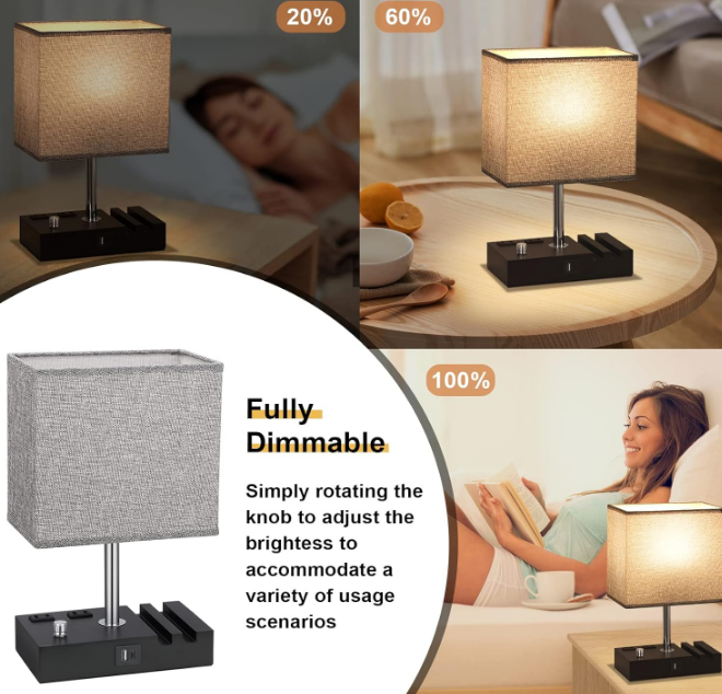 Fully Dimmable Nightstand Lamp for Bedroom with USB C Ports, Grey Small Bedside Table Lamp with Charging Outlets and Phone Stands, Wooden Desk Lamp for Living Room, LED Bulb Included