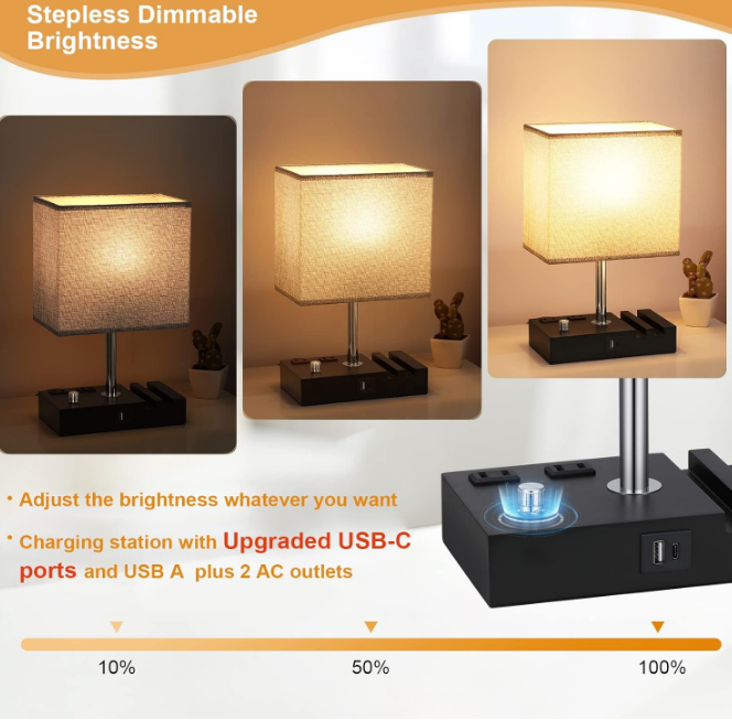 Fully Dimmable Nightstand Lamp for Bedroom with USB C Ports, Grey Small Bedside Table Lamp with Charging Outlets and Phone Stands, Wooden Desk Lamp for Living Room, LED Bulb Included