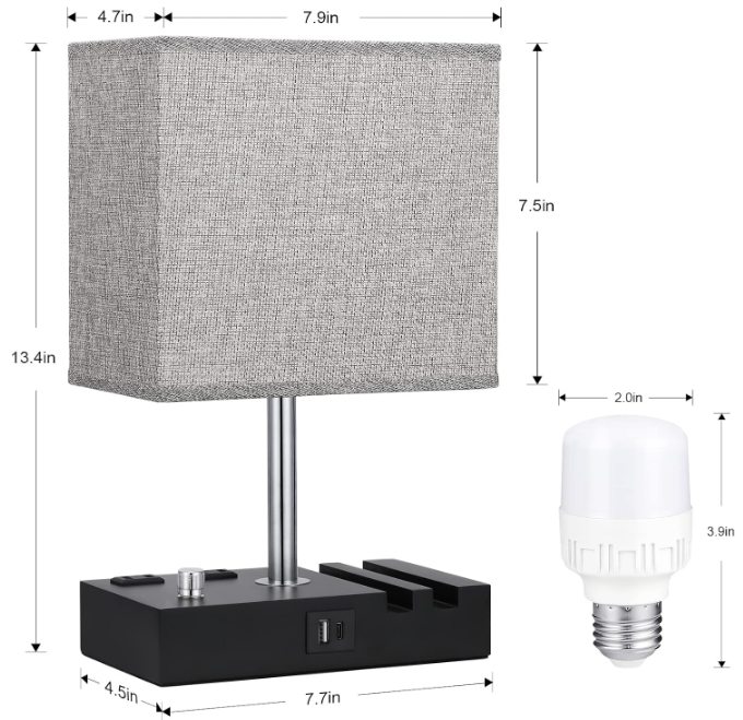 Fully Dimmable Nightstand Lamp for Bedroom with USB C Ports, Grey Small Bedside Table Lamp with Charging Outlets and Phone Stands, Wooden Desk Lamp for Living Room, LED Bulb Included