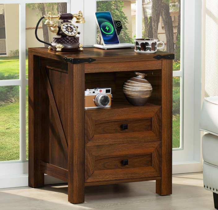 Nightstand with Charging Station and USB Port, Farmhouse Side End Table with 2 Drawers and Open Shelf, Wood Rustic Sofa Table, Bedside Cabinet for Bedroom, Living Room, Closet, Office(Brown)