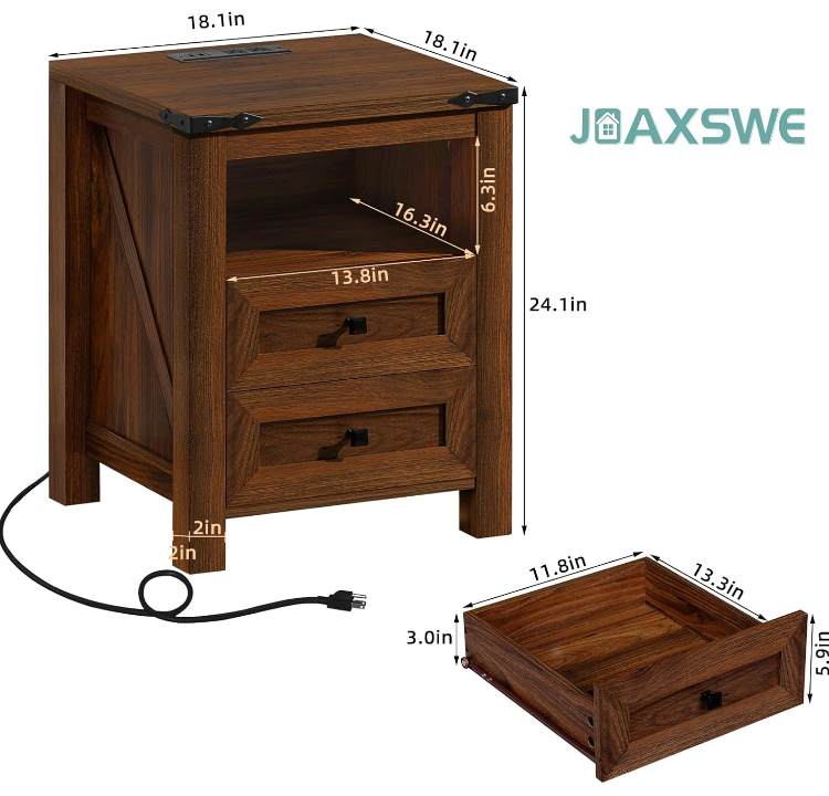 Nightstand with Charging Station and USB Port, Farmhouse Side End Table with 2 Drawers and Open Shelf, Wood Rustic Sofa Table, Bedside Cabinet for Bedroom, Living Room, Closet, Office(Brown)