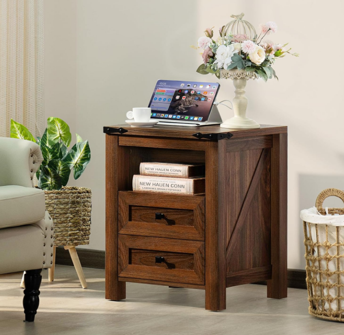 Nightstand with Charging Station and USB Port, Farmhouse Side End Table with 2 Drawers and Open Shelf, Wood Rustic Sofa Table, Bedside Cabinet for Bedroom, Living Room, Closet, Office(Brown)