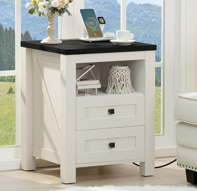 Nightstand with Charging Station, Farmhouse Night Stand with 2 Drawers and Shelf Storage, Wooden Side End Table, Bedside Cabinet for Bedroom, Living Room, Closet, Office (White)