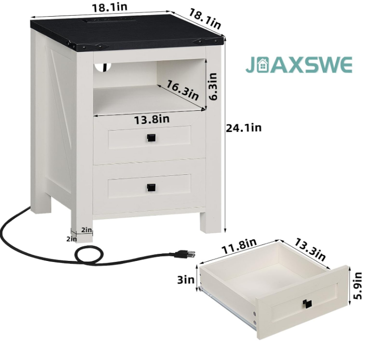 Nightstand with Charging Station, Farmhouse Night Stand with 2 Drawers and Shelf Storage, Wooden Side End Table, Bedside Cabinet for Bedroom, Living Room, Closet, Office (White)