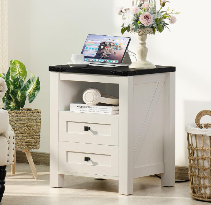 Nightstand with Charging Station, Farmhouse Night Stand with 2 Drawers and Shelf Storage, Wooden Side End Table, Bedside Cabinet for Bedroom, Living Room, Closet, Office (White)