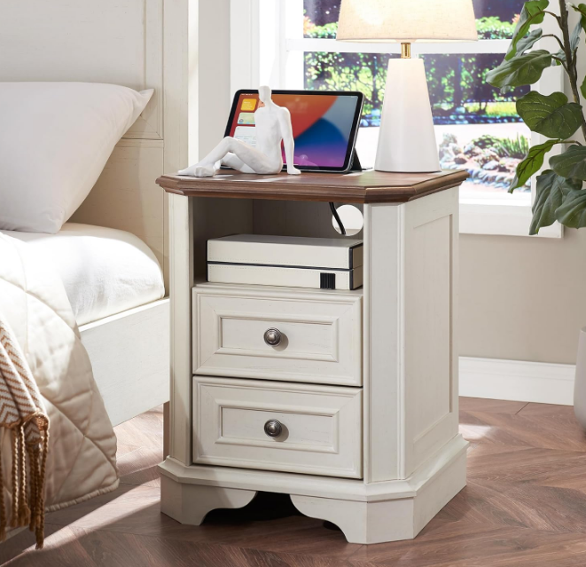 Farmhouse Nightstand with Charging Station, 18" End Table with 2 Drawers, Wood Side Table, Bedside Cabinet for Bedroom, Living Room (Antique White)