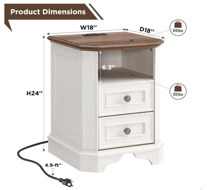Farmhouse Nightstand with Charging Station, 18" End Table with 2 Drawers, Wood Side Table, Bedside Cabinet for Bedroom, Living Room (Antique White)