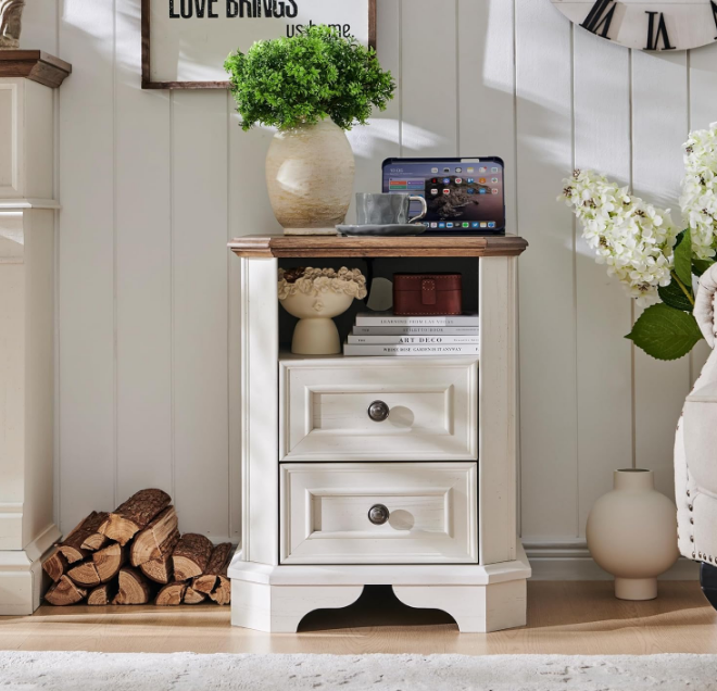 Farmhouse Nightstand with Charging Station, 18" End Table with 2 Drawers, Wood Side Table, Bedside Cabinet for Bedroom, Living Room (Antique White)
