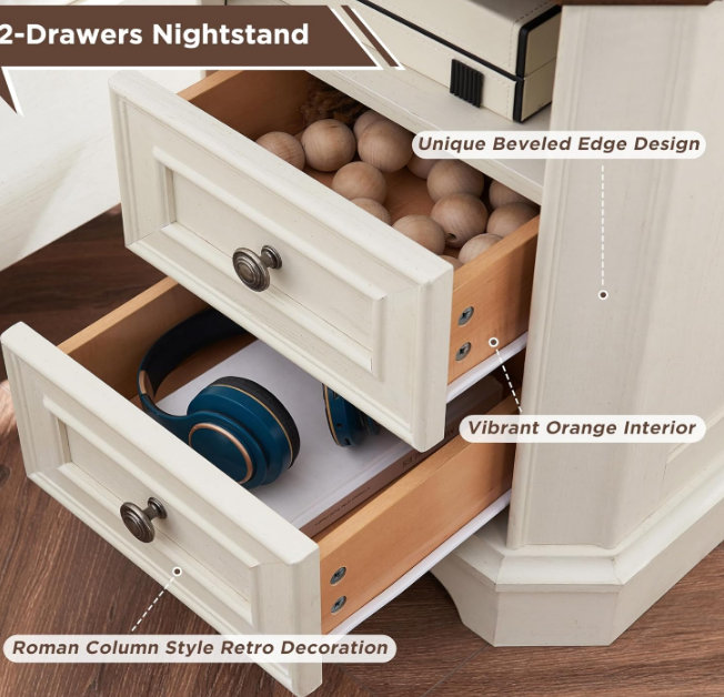 Farmhouse Nightstand with Charging Station, 18" End Table with 2 Drawers, Wood Side Table, Bedside Cabinet for Bedroom, Living Room (Antique White)