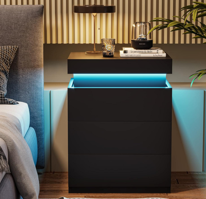 Nightstand with Charging Station and LED Lights,Night Stand with Sliding Top,Bedside Table with Drawers,Modern End Side Table for Bedroom,Black