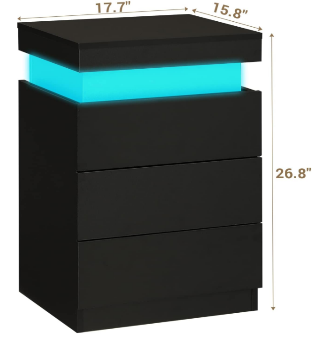 Nightstand with Charging Station and LED Lights,Night Stand with Sliding Top,Bedside Table with Drawers,Modern End Side Table for Bedroom,Black