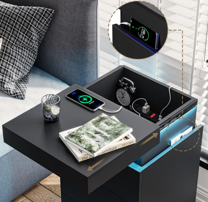Nightstand with Charging Station and LED Lights,Night Stand with Sliding Top,Bedside Table with Drawers,Modern End Side Table for Bedroom,Black