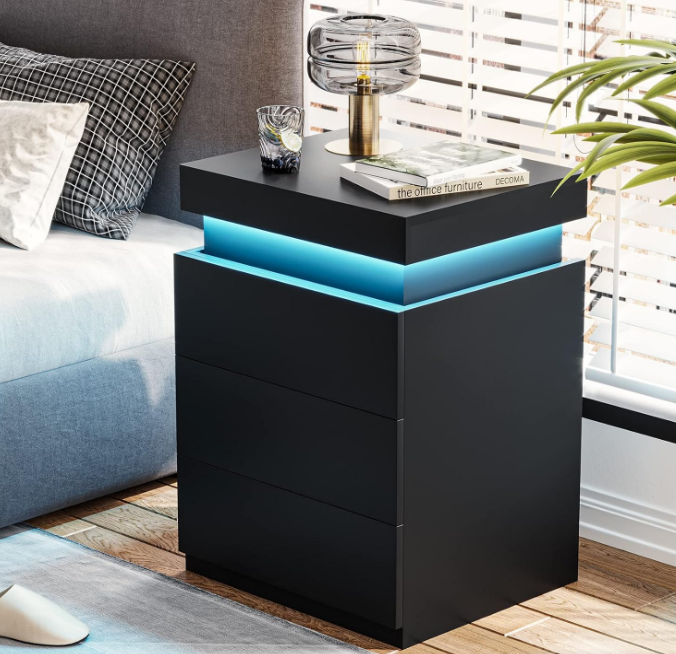Nightstand with Charging Station and LED Lights,Night Stand with Sliding Top,Bedside Table with Drawers,Modern End Side Table for Bedroom,Black