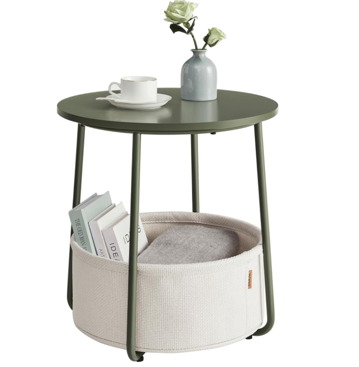 End Table, Small Bedside Table with Fabric Basket, Modern Nightstand, Round Side Table, for Living Room, Bedroom, Forest Green and Cream White