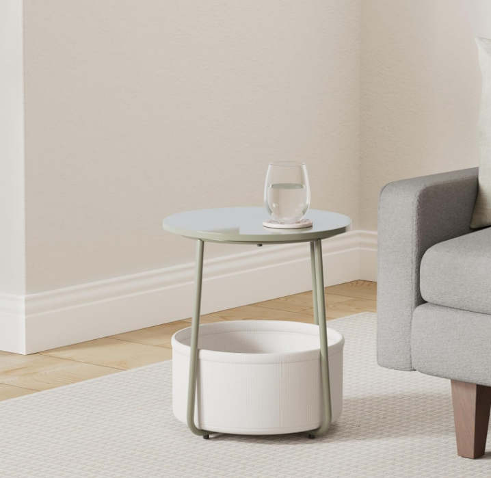 End Table, Small Bedside Table with Fabric Basket, Modern Nightstand, Round Side Table, for Living Room, Bedroom, Forest Green and Cream White