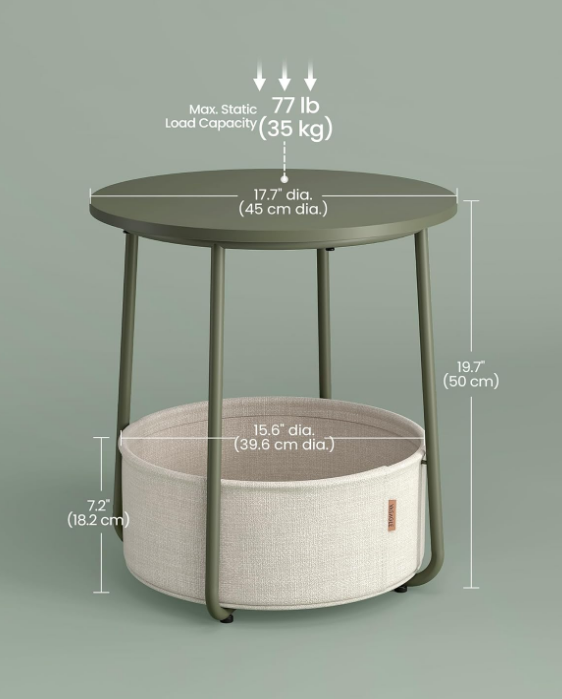 End Table, Small Bedside Table with Fabric Basket, Modern Nightstand, Round Side Table, for Living Room, Bedroom, Forest Green and Cream White