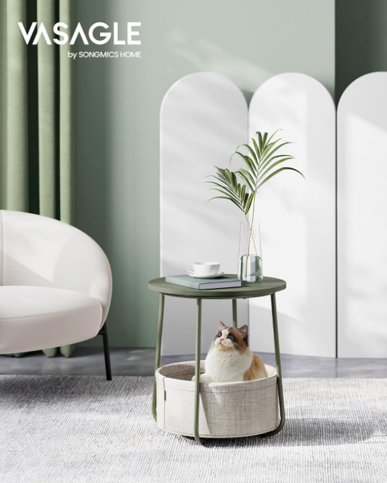 End Table, Small Bedside Table with Fabric Basket, Modern Nightstand, Round Side Table, for Living Room, Bedroom, Forest Green and Cream White