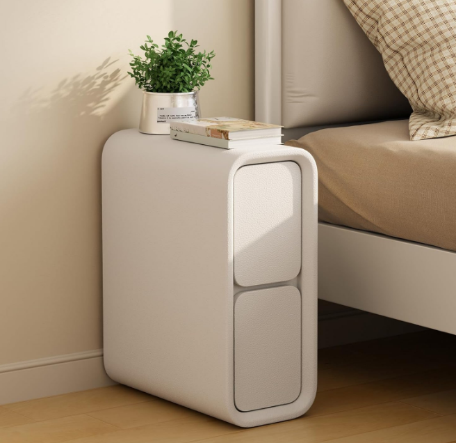 Narrow Nightstand with Drawers - Solid Wood Nightstand with Leather Surface, Small White Bedside Table for Bedroom