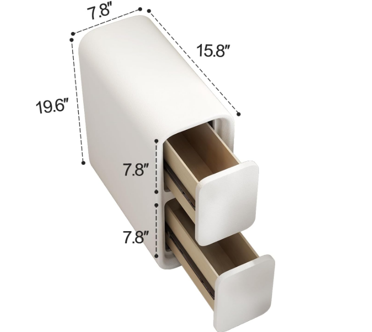 Narrow Nightstand with Drawers - Solid Wood Nightstand with Leather Surface, Small White Bedside Table for Bedroom