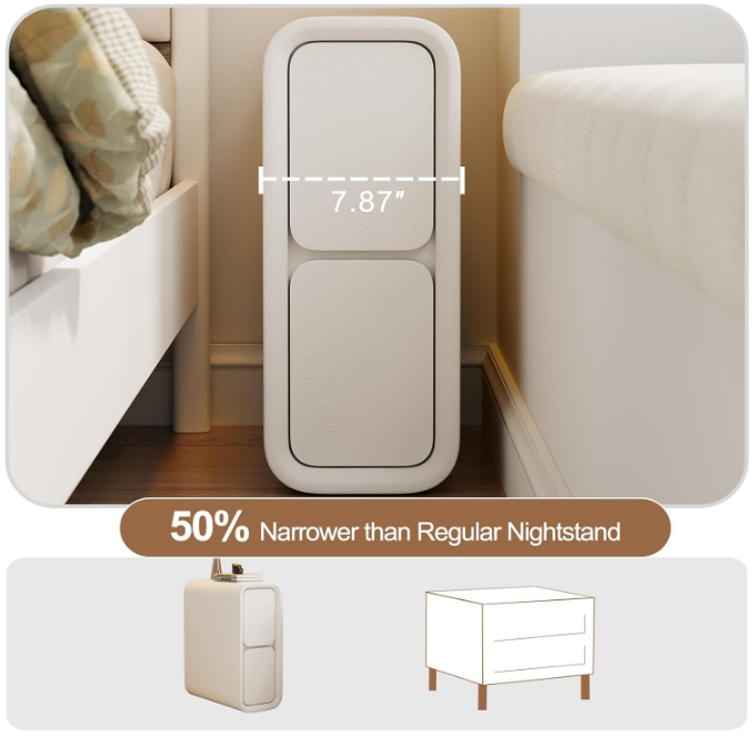 Narrow Nightstand with Drawers - Solid Wood Nightstand with Leather Surface, Small White Bedside Table for Bedroom