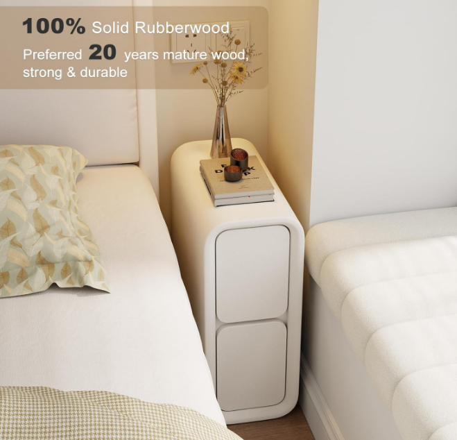 Narrow Nightstand with Drawers - Solid Wood Nightstand with Leather Surface, Small White Bedside Table for Bedroom